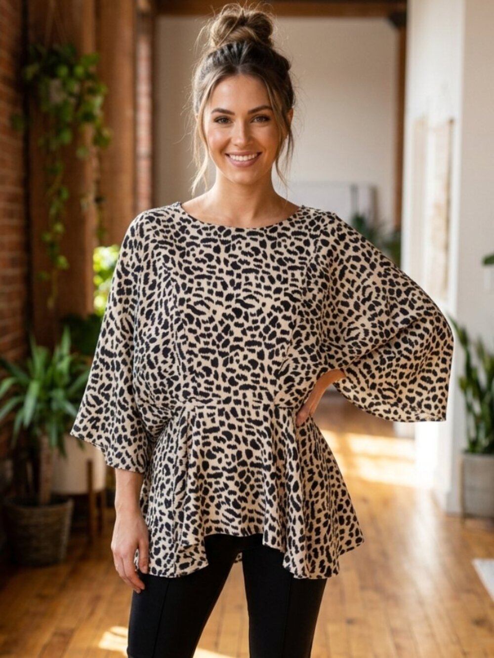 Umgee Leopard Print Flutter Sleeve Peplum Blouse - Size Large